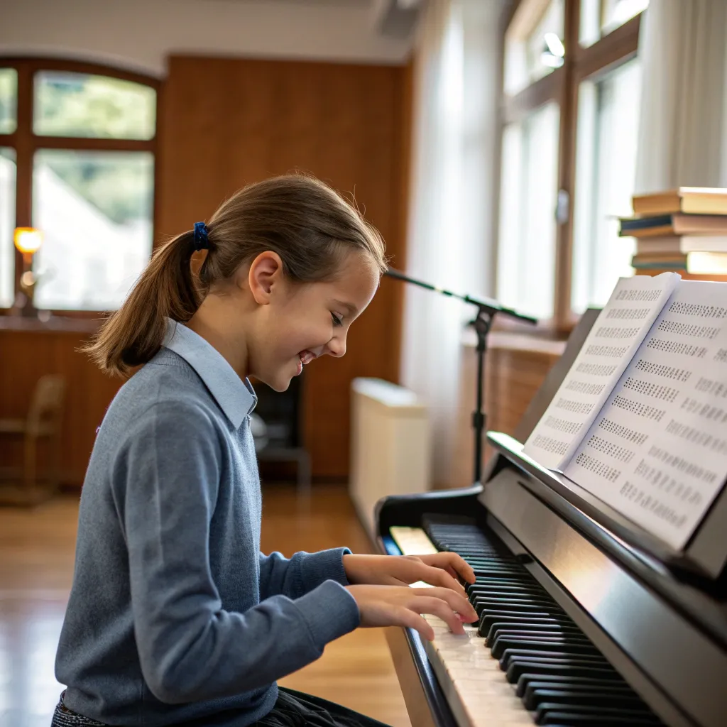 Smiling piano student learning